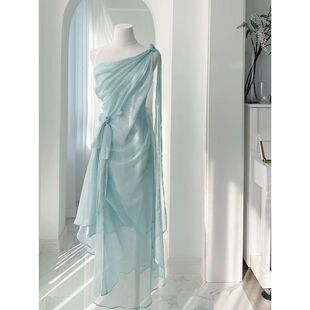 夏季 海 女儿 复古优雅青纯斜肩仙女度假绝美连衣裙 新款