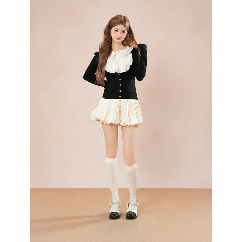 甜撩因子 甜美学院风荷叶边娃娃领背心+针织开衫+花苞裙三件套秋