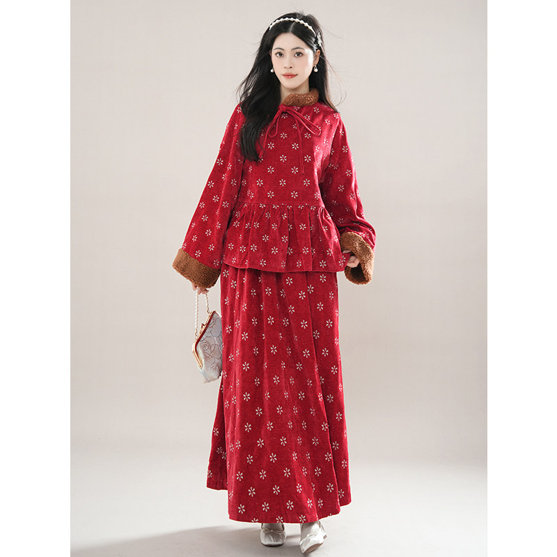 【小春禧】复古国风红色碎花套装冬季新中式毛绒设计感两件套新年,女装/女士精品,时尚套装,淘宝优惠券,粉丝福利购,淘宝优惠卷