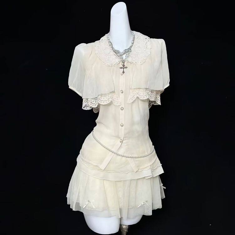 绝美高级感白色衬衫上衣半身裙两件套装女减龄小个子海边度假短裙