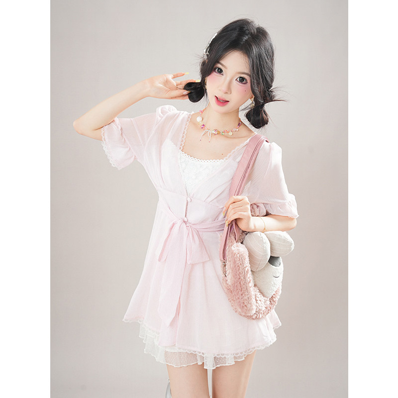 森女风复古温柔蝴蝶结绑带开衫蕾丝吊带花边半裙简约日系古着套装,女装/女士精品,时尚套装,淘宝优惠券,粉丝福利购,淘宝优惠卷
