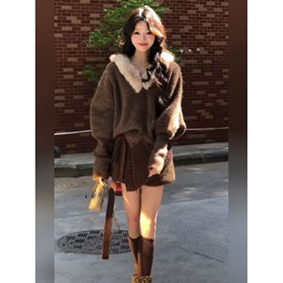 【心动序章】韩系慵懒风咖色毛衣开衫外套+短裤屁帘罩裙套装通勤