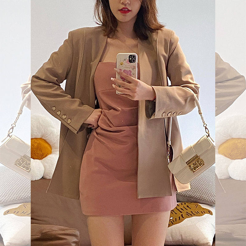 灰色/驼色v领长袖西装女通勤宽松中长款高级外套春秋休闲时尚西服