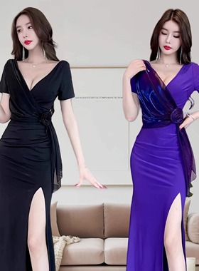 性感连衣裙2024新款黑色深V晚礼服长款夜总店女装夜场上班工作服