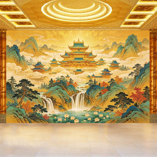 仙家堂口天宫仙境壁画金色楼阁祥云瀑布荷花壁纸佛堂神台背景墙布