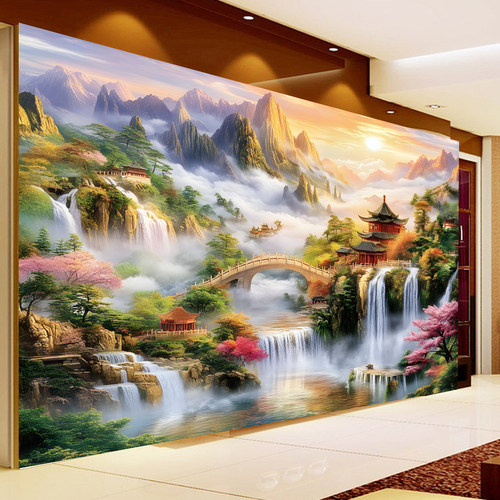 佛堂山水楼阁风景背景墙纸办公室聚宝盆壁画高山流水仙道佛堂壁纸