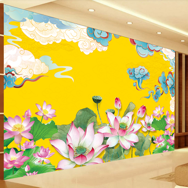 佛堂莲花祥云背景墙纸壁布绸缎祥云荷花仙道佛神台装饰壁画壁纸图片