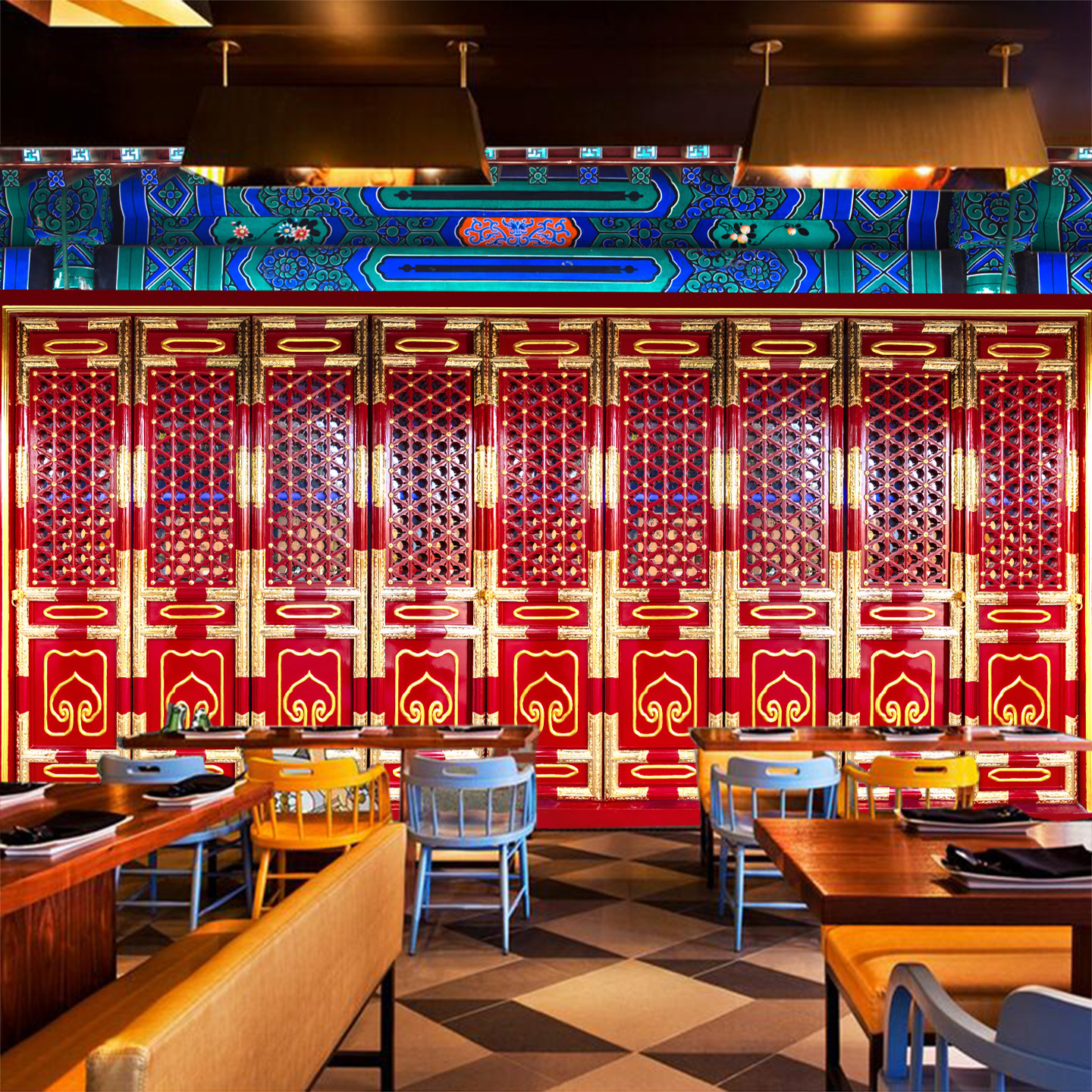 新中式宫廷风故宫宫门壁画红色浮雕彩绘宫门火锅餐厅摄影背景墙纸