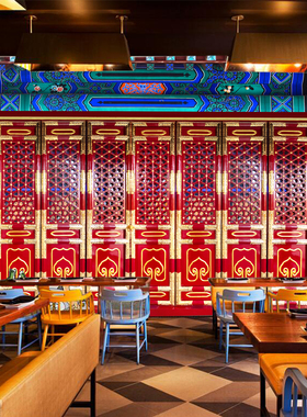 新中式宫廷风故宫宫门壁画红色浮雕彩绘宫门火锅餐厅摄影背景墙纸