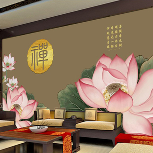 中式禅意荷花壁画定制客厅茶室装饰壁纸莲花寺庙佛道仙堂背景墙纸