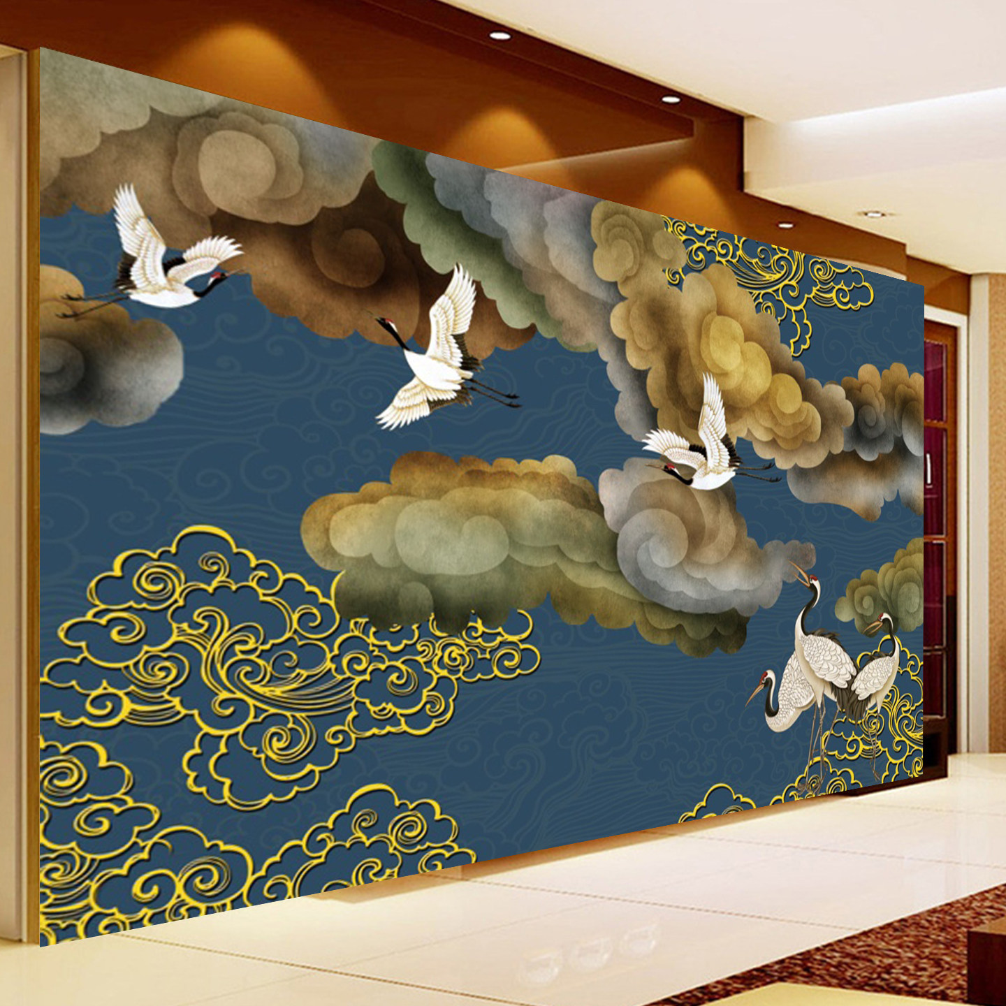 新中式祥云仙鹤壁画古风轻奢瑞鹤图影楼相馆茶室壁纸佛道仙堂墙画