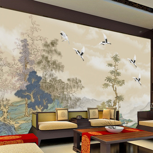 古风山水仙鹤壁画中式祥云山水画壁纸书房茶室道观佛堂背景墙纸