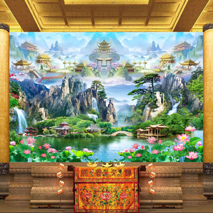 仙堂山水风景画背景墙纸流水生财荷花壁纸定制天宫天庭佛道仙墙布