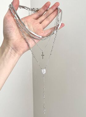 「朝雾圣歌」银色十字架流苏多层项链 vintage小众复古叠戴锁骨链