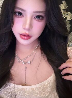 美貌击中!双层叠戴五角星串珠水晶项链清冷甜酷辣妹choker锁骨链