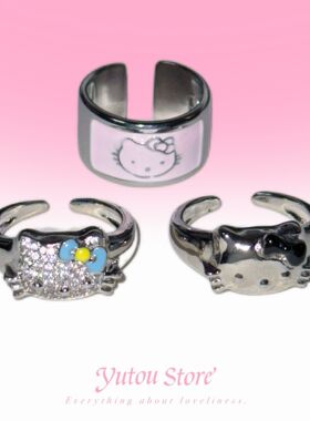 hellokitty卡通可爱小猫滴油戒指组合女个性小众设计食指戒开口戒