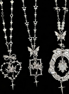 画框银色独角兽珍珠草莓lolita长款项链原创手作毛衣链