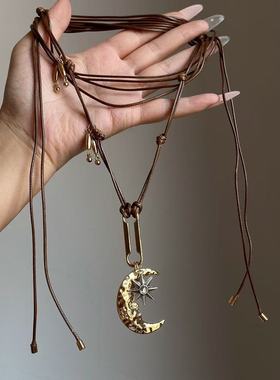 “日月同辉”中古vintage月牙芒星蜡绳项链可调节百搭秋冬毛衣链