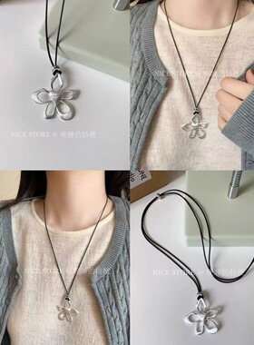 复古镂空小花抽绳链项链