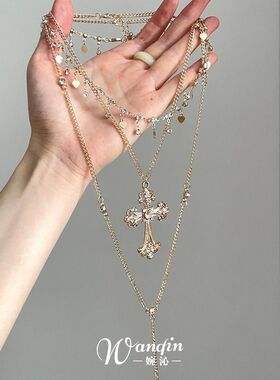 「十字禁锢」欧美夸张十字架流苏项链复古独特多层叠戴个性锁骨链