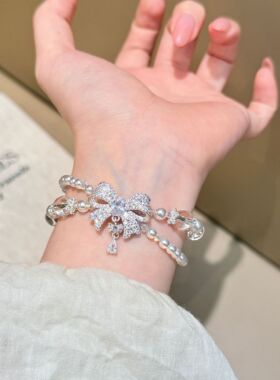 重工奢华复古法式镶钻蝴蝶结多层珍珠缠绕手链轻奢小众精致高级感