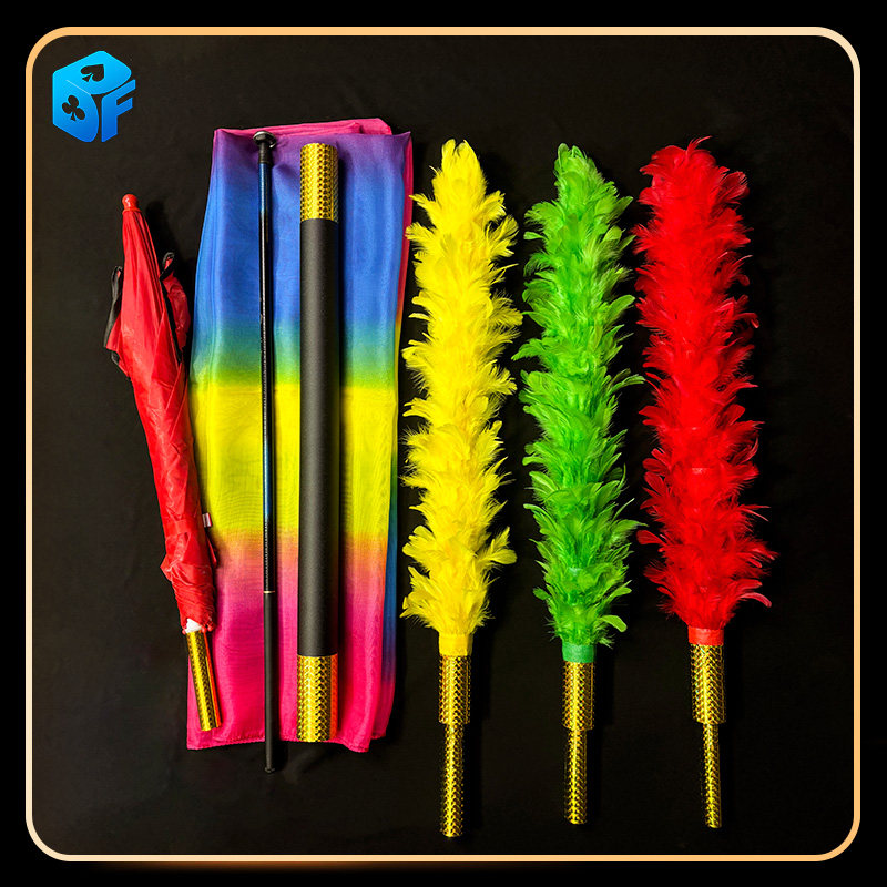 舞台魔术道具 羽毛棒变色羽毛变伞空手出大旗 掸花三变伞花旗表演