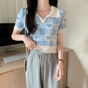 针织衫 爱心蓝白撞色polo翻领短袖 修身 t恤女夏季 短上衣 紧2025新款