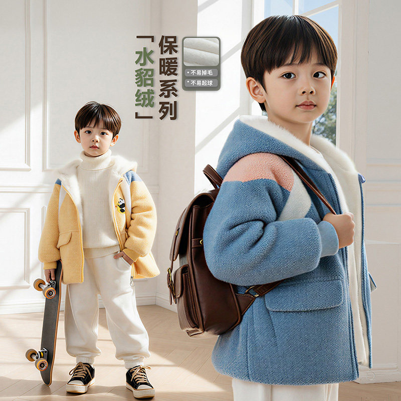 男童加绒外套2025新款毛毛衣冬季加厚棉服棉衣痞帅冬装炸街帅气