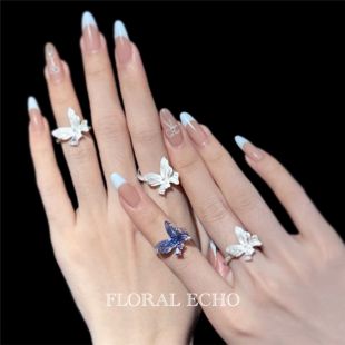 960纯银原创设计蝴蝶戒指烧白珐琅手工配戒尾戒女 飞絮低语