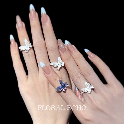 【飞絮低语】960纯银原创设计蝴蝶戒指烧白珐琅手工配戒尾戒女