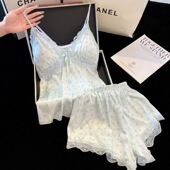 睡衣女冰丝夏季 两件套精致带胸垫纯欲粉嫩花边 2025新蕾丝吊带短裤