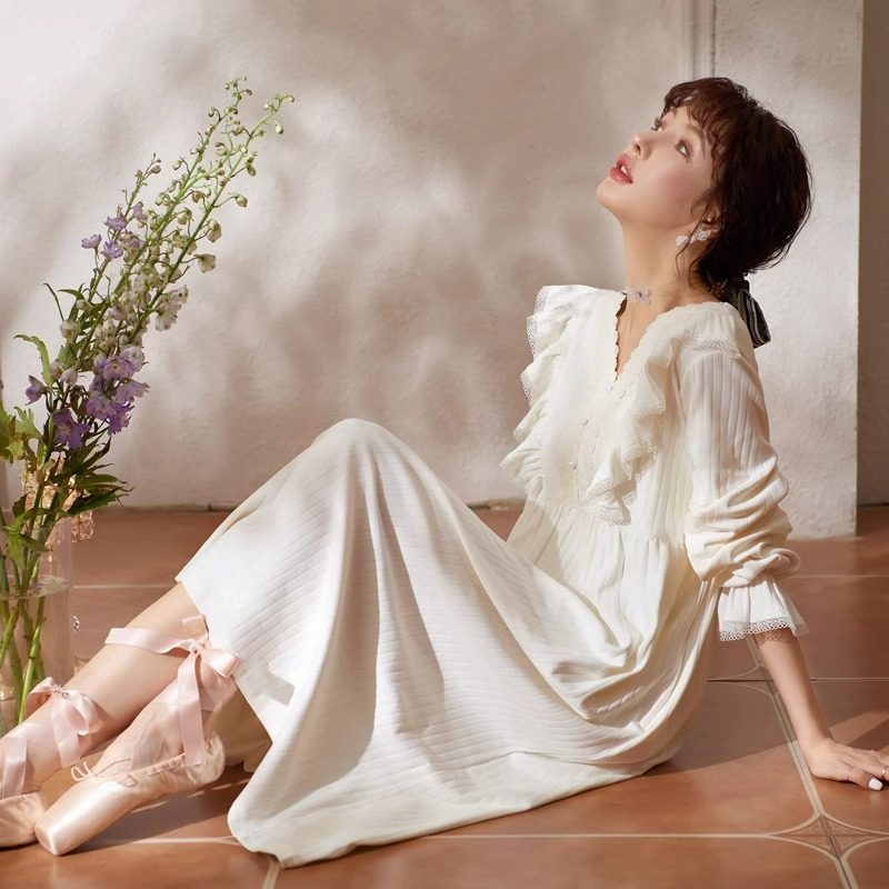 睡裙女秋季长袖大码中长款可外穿纯棉睡衣宫廷风薄款家居服带胸垫,女士内衣/男士内衣/家居服,睡袍/浴袍,淘宝优惠券,粉丝福利购,淘宝优惠卷