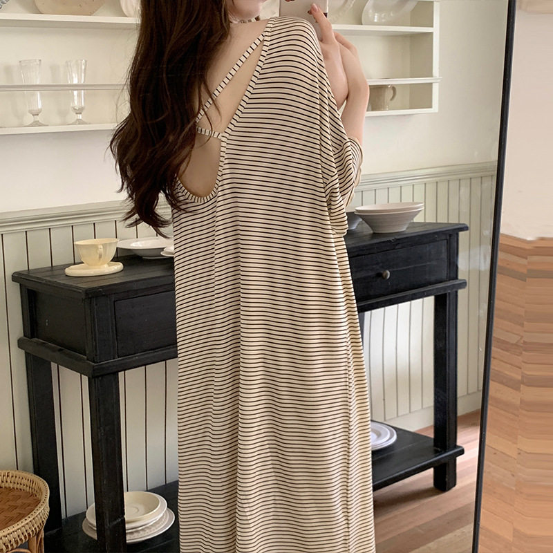 莫代尔中长睡裙夏天女士露背条纹短袖连衣裙简约时尚带胸垫家居服,女士内衣/男士内衣/家居服,睡袍/浴袍,淘宝优惠券,粉丝福利购,淘宝优惠卷