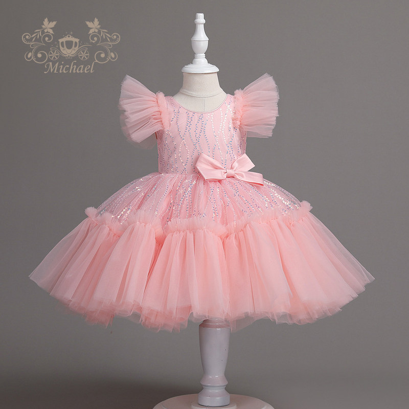 公主裙女童高端礼服亮片表演裙儿童网纱连衣裙蓬蓬舞蹈钢琴表演裙