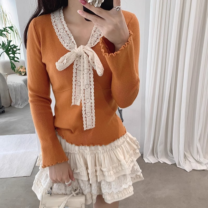 法式去温柔风蕾丝系带蝴蝶结V领针织打底衫修身内搭毛衣女秋冬季