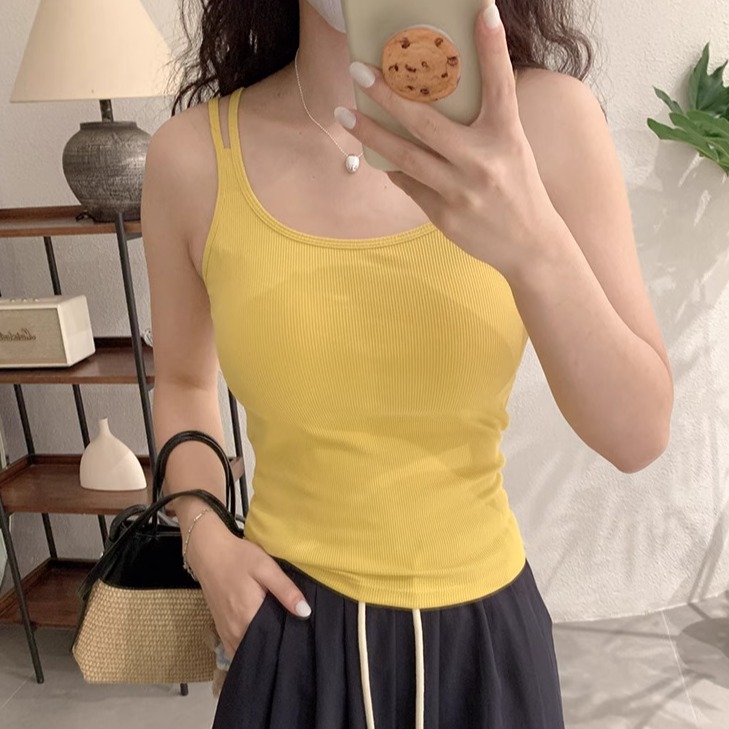 纯欲甜辣妹双肩带吊带背心女夏季修身显瘦一体带胸垫短款美背上衣