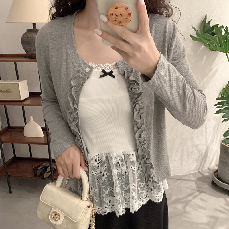 蝴蝶结蕾丝吊带背心女秋甜美减龄外搭木耳边长袖开衫上衣两件套装