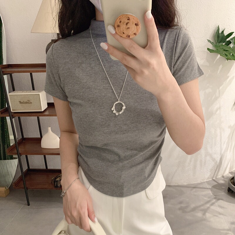 美式复古半高领短袖T恤女早秋季设计感侧边褶皱收腰显瘦短款上衣