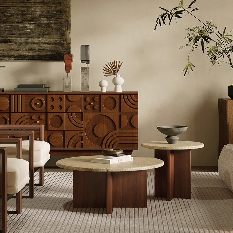 洞石实木茶几小户型圆形茶桌