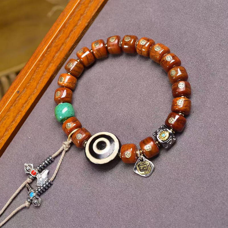 藏传牦牛骨万字镶嵌桶珠手链