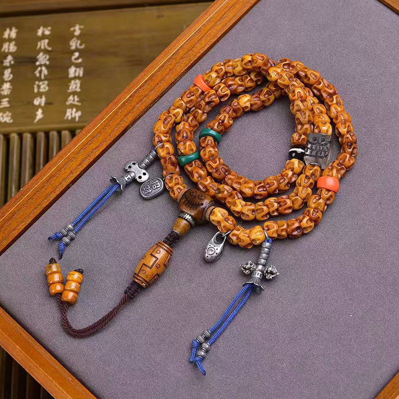 藏传回流骨大肠珠雕刻佛珠项链