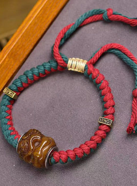 藏传回流骆驼骨雕刻大鹏鸟腰珠配珠文玩手链铜镶嵌孔道编织手绳