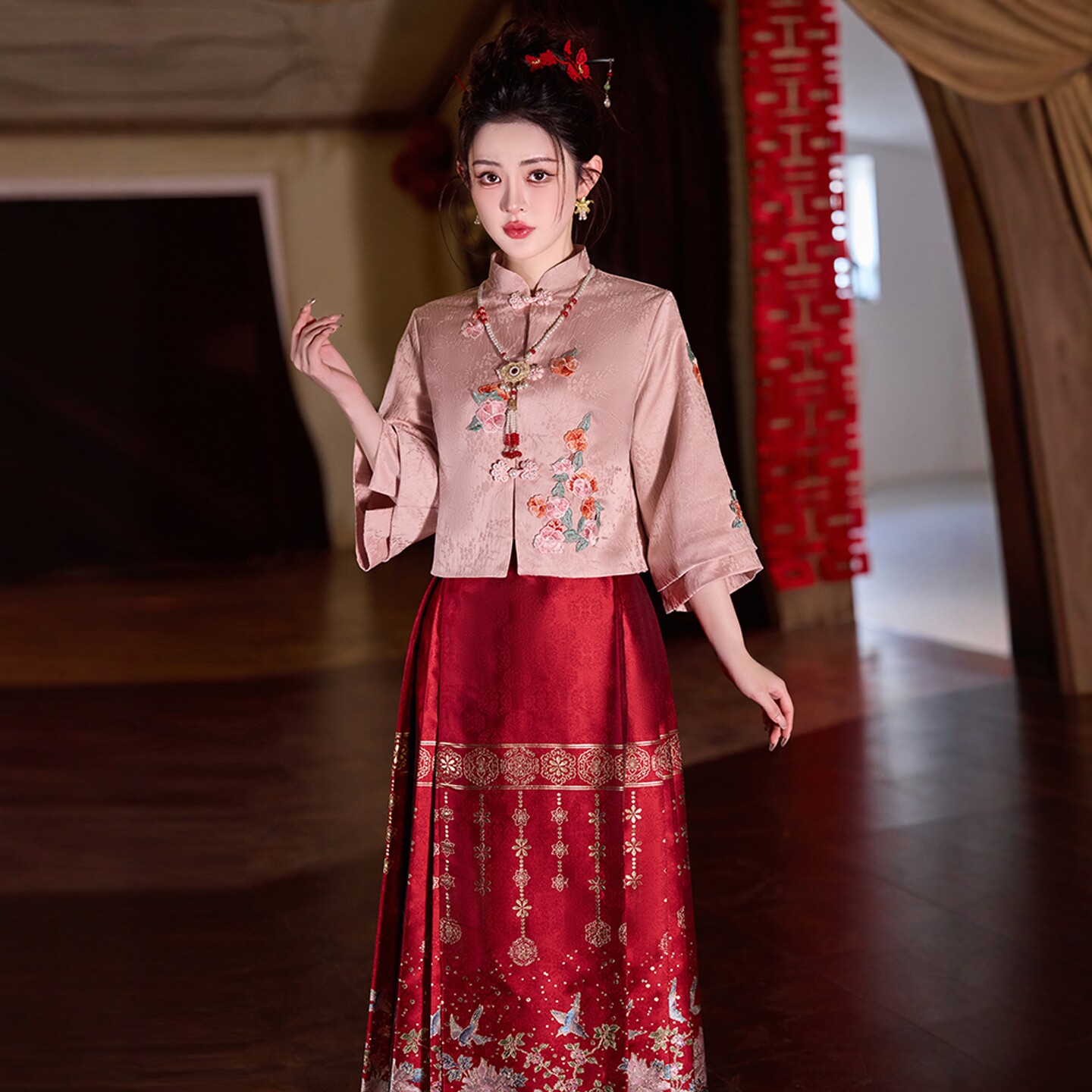 海棠记中式马面裙敬酒服新娘套装大码粉色胖mm订婚礼服孕妇结婚裙