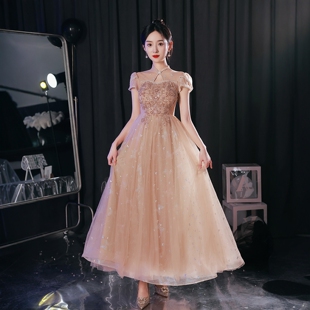 海棠记旗袍晚礼服女大码宴会气质轻奢小众艺考香槟色蓬蓬纱公主裙