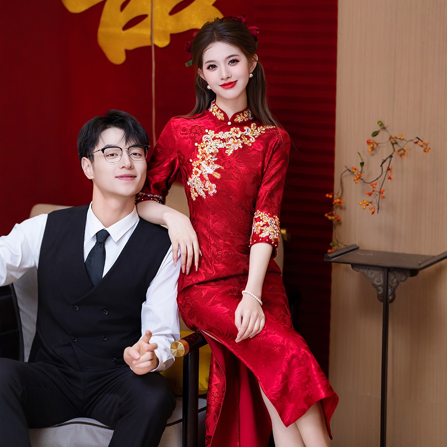 海棠记红色旗袍敬酒服结婚新娘装