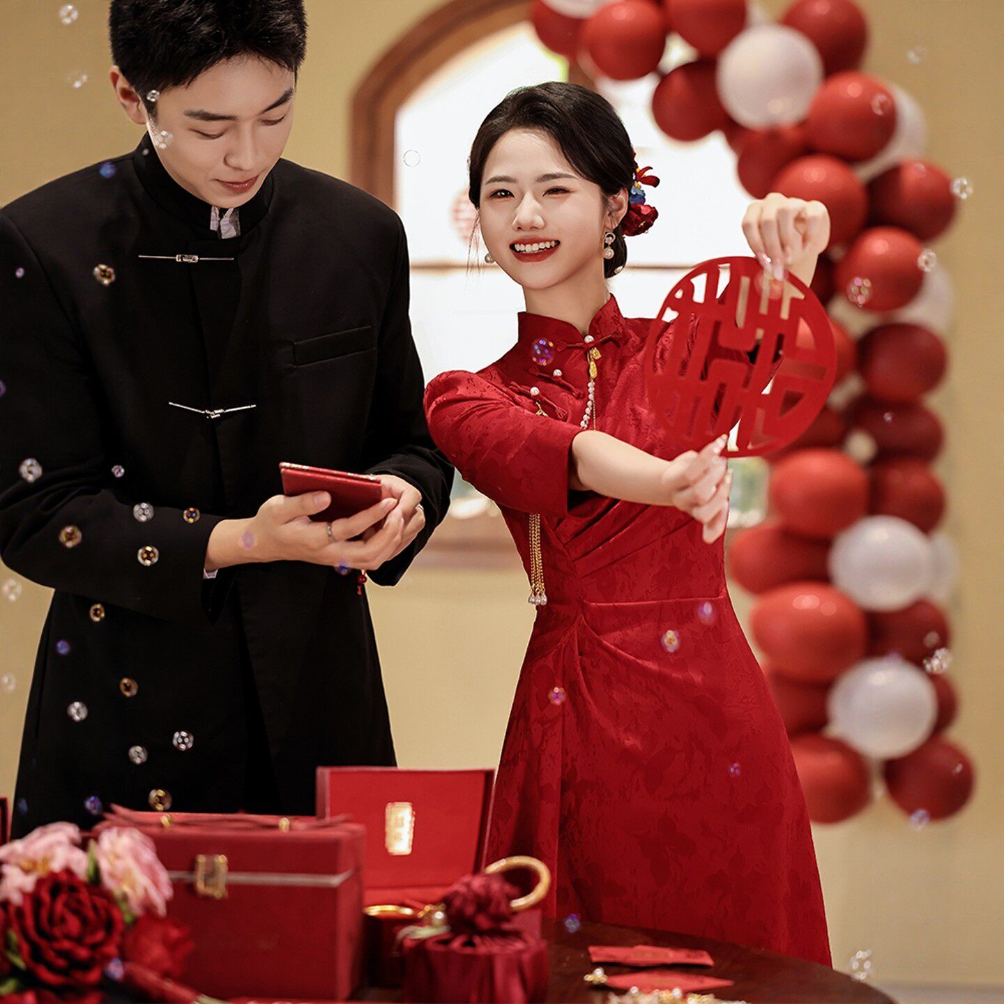 海棠记红色旗袍敬酒服新娘长袖中式订婚礼服连衣裙女结婚便装显瘦