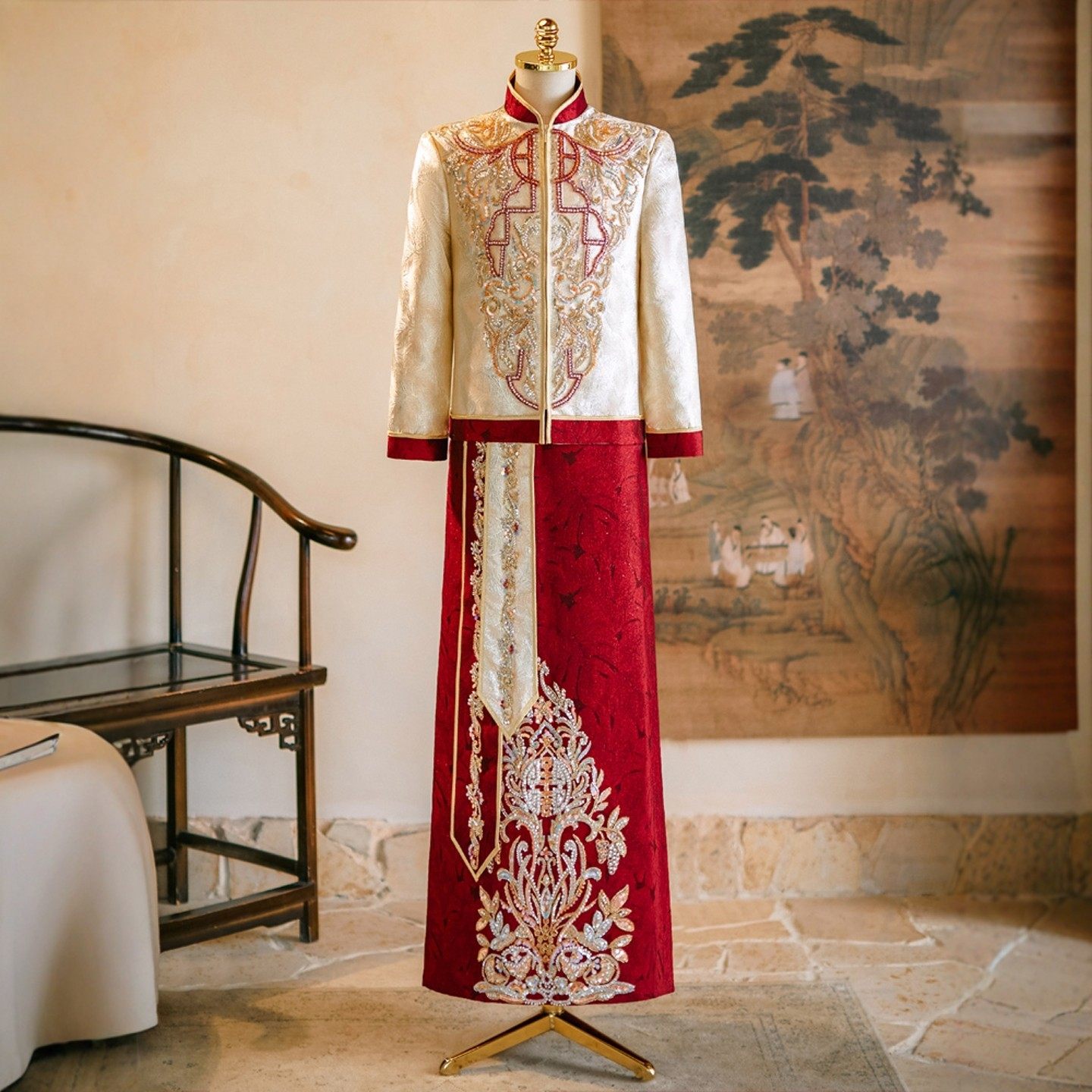 海棠记新款手工刺绣礼服新郎结婚唐装中式婚礼男士大码婚服敬酒服