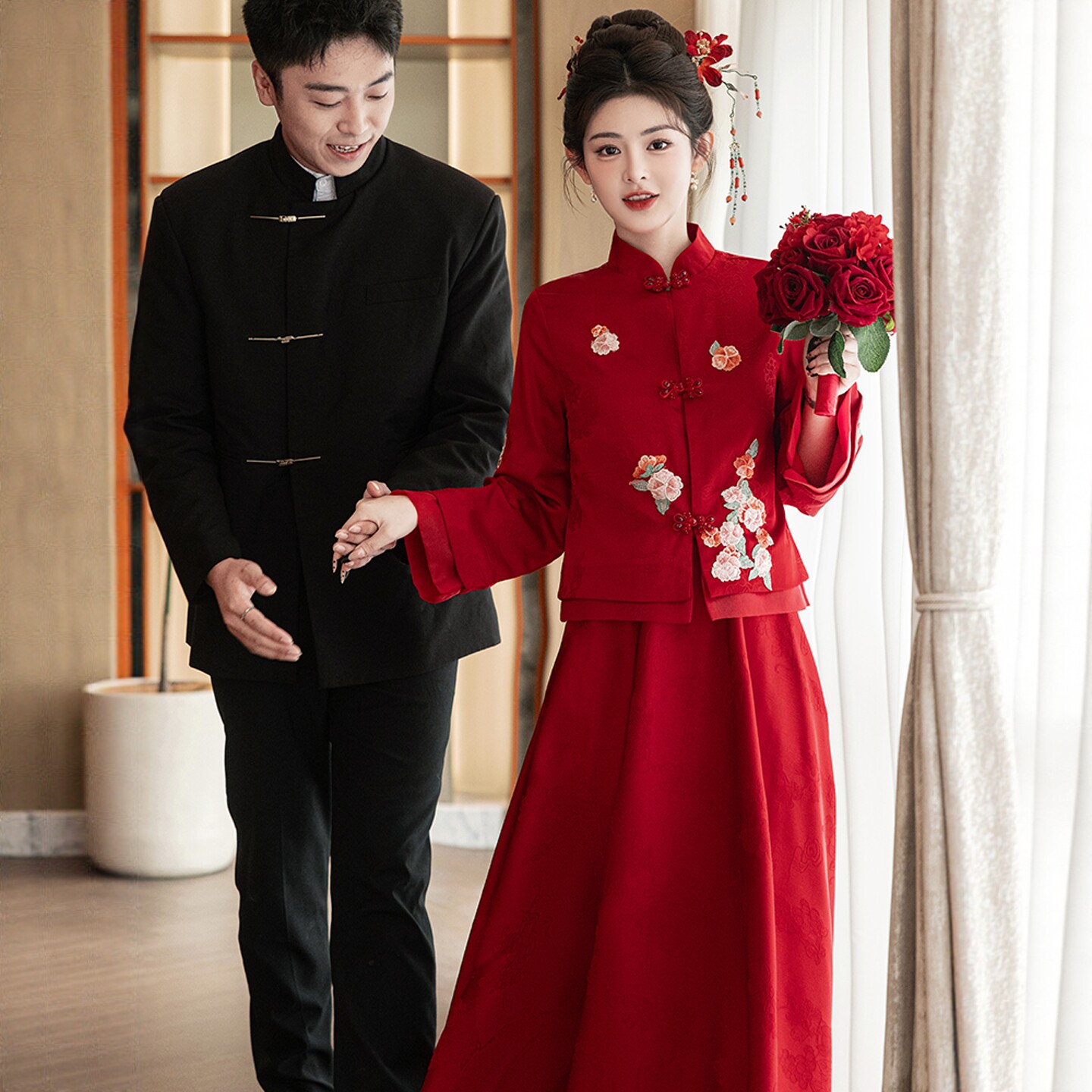 海棠记新中式敬酒服新娘出阁服新款酒红色大码胖mm订婚结婚礼服女