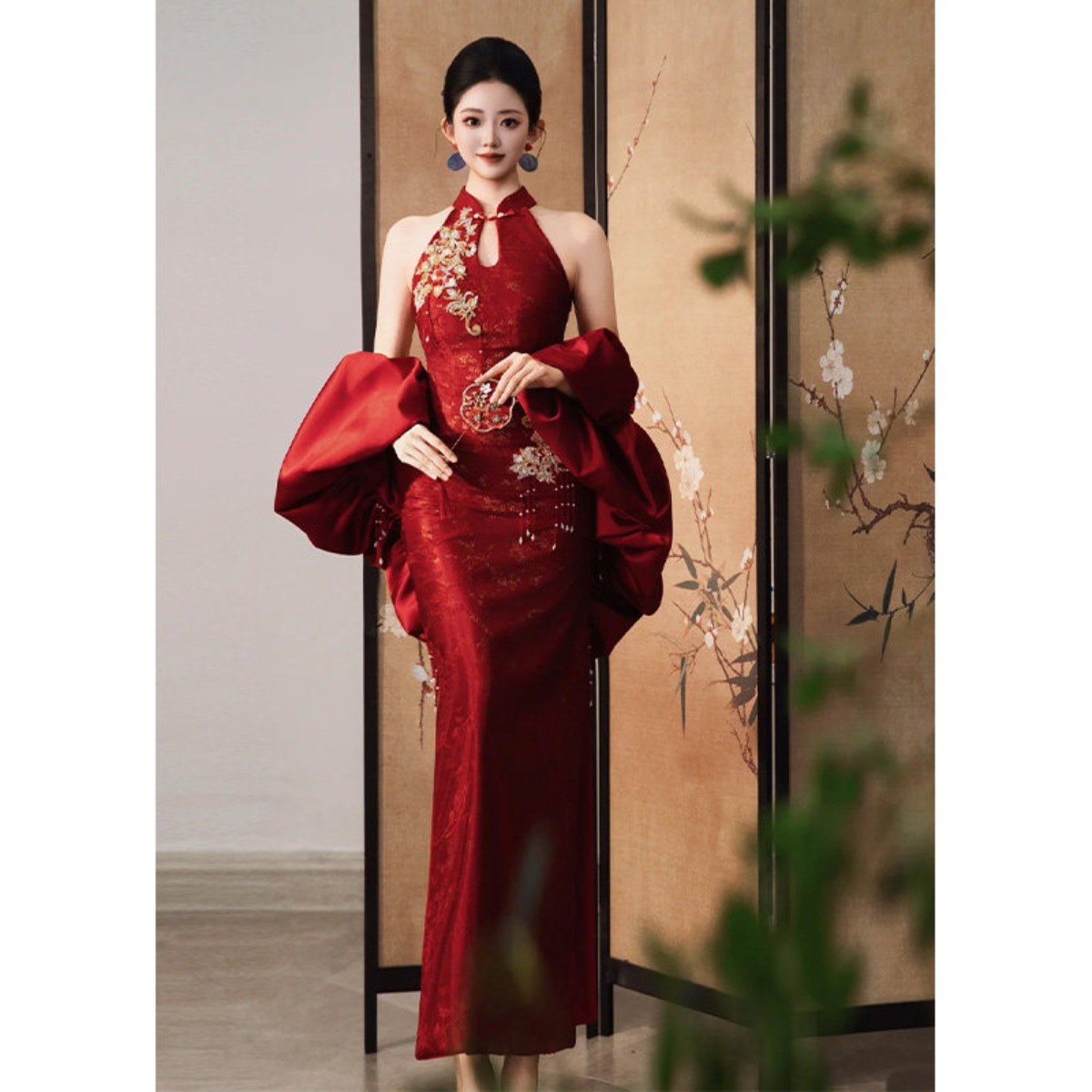 海棠记新中式敬酒服女新娘订婚礼服改良红色旗袍长款结婚挂脖高级
