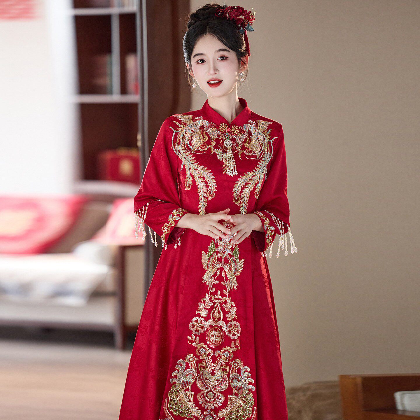 敬酒服新娘结婚大码胖mm订婚礼服裙中式秀禾服孕妇遮肚出阁宴旗袍